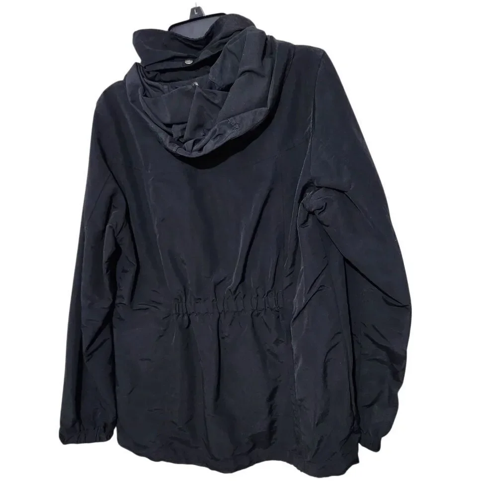 Lands Ends Windbreaker Jacket Size Medium Black Hooded Elastic Waist